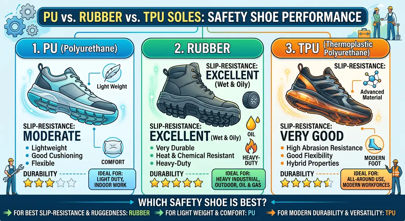 PU vs. Rubber vs. TPU Soles: Which Safety Shoe is Best for Slip-Resistance and Durability?