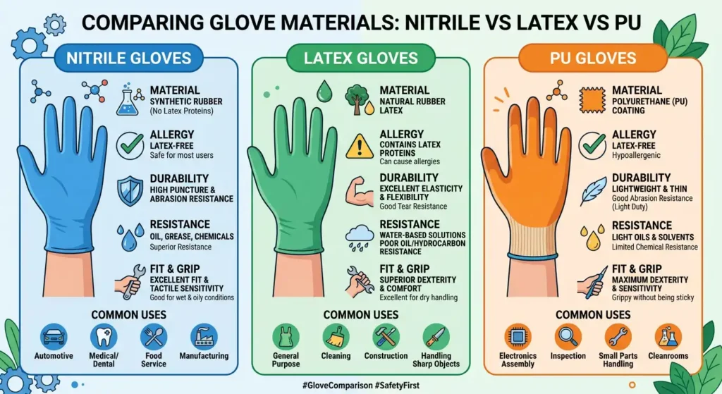 Nitrile gloves vs Latex gloves vs PU gloves
